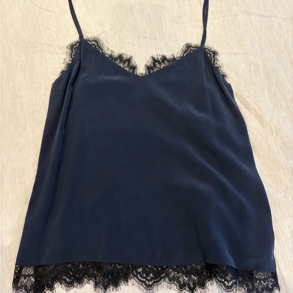 L'AGENCE Navy Silk Lace Trim Camisole